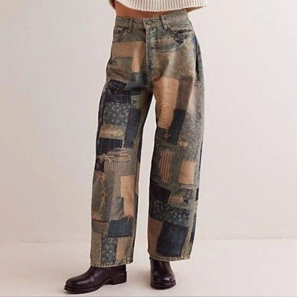 Free People Illusions Printed Relaxed Fit Jeans Indigo Combo - Picture 1 of 14